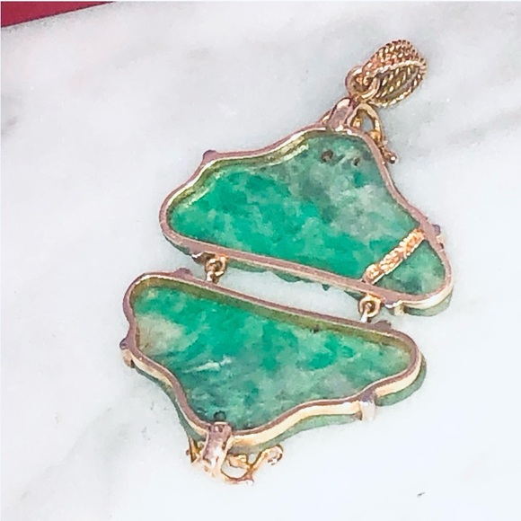 Antique 14k Gold Apple Jade, Ruby, Diamond Pendant - Picture 2 of 4